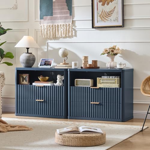 LEYAOYAO 31" Wide Fluted Nightstand with Charging Station, Oversized Extra Large 2 Drawers Night Stand,Blue Wood Bedside Table,Tall Bed Side End Tables,Modern Chest of Drawers Dressers for Bedroom - color: Blue, size: 2 Drawers
