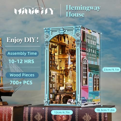MiniCity DIY Book Nook Kit for Adults, 3D Wooden Puzzle Bookend Bookshelf Insert Decor with LED Light and Dust Cover (Hemingway House) - style: Hemingway House