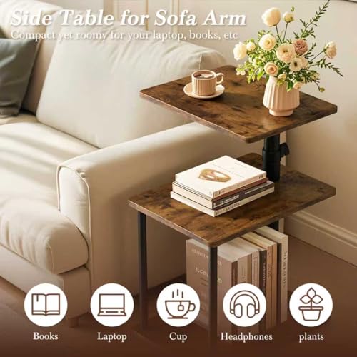 Faesun 360° Swivel Side Table for Height Adjustable, C Shaped End Table for Couch with Storage, 3-Tier Night Stand with Open Shelf, Tv Tray for Small Spaces, Living Room, Bedroom, Rustic Brown - color: Rich