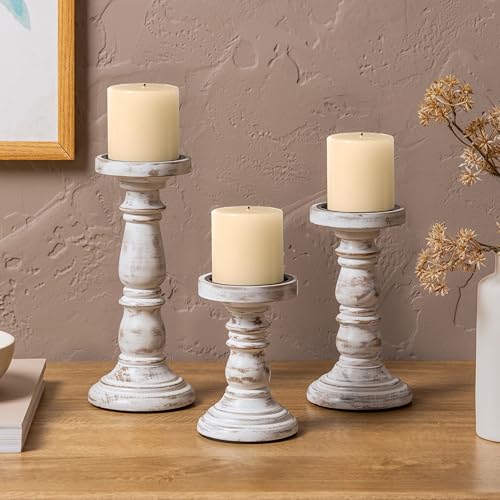 JFY Designs Hand Carved Solid Wood Candle Holder Set of 3 - Pillar Candle Holders Decorative Candlestick Holder for Home Décor, Wedding, Dinning, Party - color: White Wash