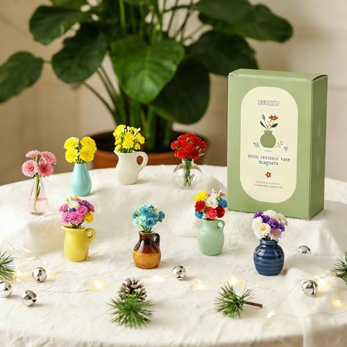 Renmxj 8 Pcs Refrigerator Magnets - Cute Mini Ceramic Vase Fridge Magnets with Artificial Flowers, Funny Tiny Vase Magnet for Fridge Decorative, Office, Kitchen, Locker, Whiteboard - color: 8 Pack
