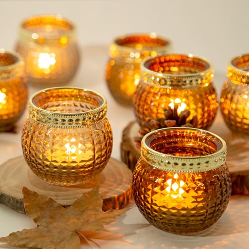Candle Holder Set of 12, Small Tealight Candle Holder, Vintage Glass Votive Candle Holders for Table Centerpiece Wedding Home Decor Holiday Decor (Amber) - color: Amber