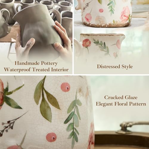 Retro Rustic Large Ceramic Vase with Handle, Distressed Farmhouse Pitcher for Home, Ideal Shelf Decor Floral Vase for Living Room Bedroom Office Table Centerpiece Decorations 9 Inch - color: Floral and Fruit, size: Large Pitcher