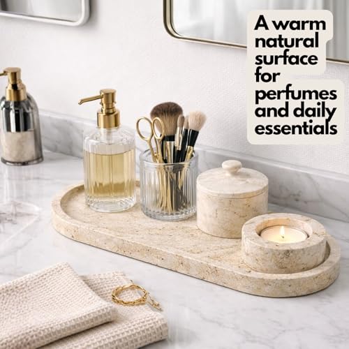 Natural Travertine Oval Bathroom Vanity Tray – 12”x6” Stone Tray for Countertop, Perfume & Jewelry Display | Solid 2cm Thick, Authentic Turkish Travertine - color: Travertine