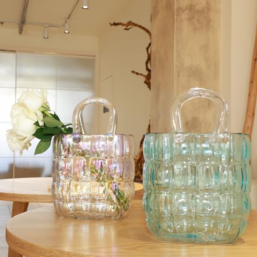 Glass vase - 10.6 inch Handbag-Shaped Woven vase That can be Filled with Water to Serve as a Fish Tank. Customized Gift Box Packaging is Available- Blue - color: Bulging Blue