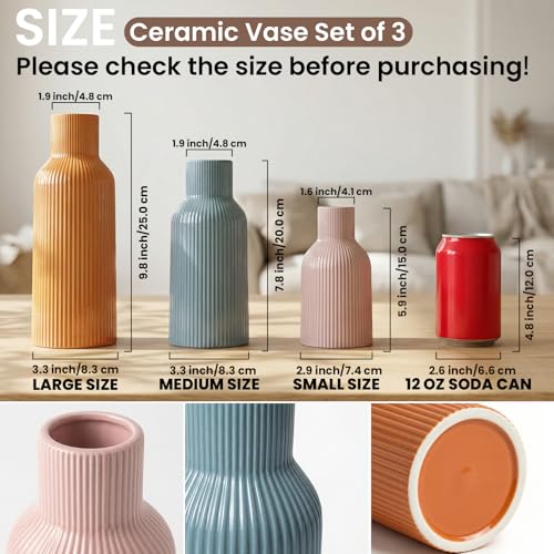Colorful Ceramic Vases Set of 3(Pink, Blue, Orange), Modern Glossy Ribbed Color-Block Vase, Scandinavian Boho Style Decorative Ornament for Living Room and Shelves - color: Glossy-pink/Blue/Orange