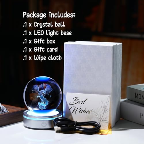 Arikyrist 3.15in. 3D Dragon Crystal Ball Gifts for Women Men, K9 Crystal Decorative Ball Engraved Dragon Figurine Paperweight with LED Light Base for Home Office Decoration for Birthday Christmas - color: Dragon