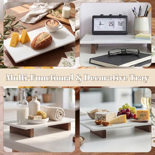 Marble Charcuterie Board Display White Cheese Cutting Footed Stand Tray with Wooden Feet 15.75"L x 8" W x 2.5" H for Vanity, Kitchen and Serving, or as a Gatherings Elegant Cheese Board Gift