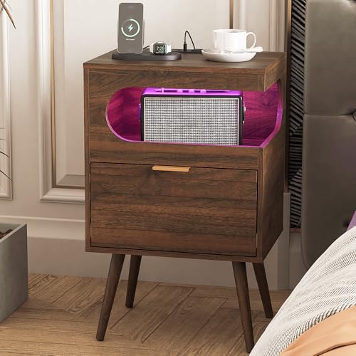 Veegle Nightstand,Modern Bedside Table with Storage Drawer and Open Wood Shelf, Accent Night Stand with Solid Wood Legs for Living Room, Bedroom and Small Spaces,Easy Assembly (Walnut Brown) - color: Walnut Brown