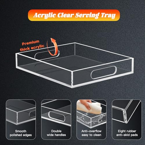 Acrylic Organizers Tray, Acrylic Tray for Ottoman, Serving Tray with Handle, Lucite Tray Organizer for Bench, Coffee Table Countertop, Kitchen, Bathroom, Living Room, Powder Room - size: 11.2" x 11.2" x 1.7"