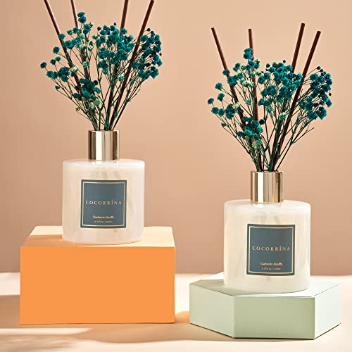 Cocorrína Premium Reed Diffuser Set with Preserved Baby's Breath & Cotton Stick Cashmere Vanilla 2 Packs, 6.7oz Scent Fragrance Oil Diffuser for Bedroom Bathroom Home Décor - size: 6.7 Ounce/2pack