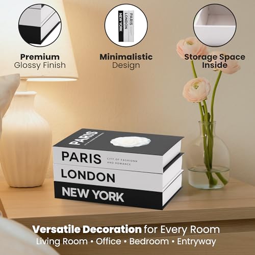 Decorative Books - Coffee Table Decor - Faux Books for Decoration & Bookshelf Decor - Aesthetic Fake Books for Decoration - Decorative Boxes with Hidden Storage – Decor Bookend - Set of 3 Ref Cities