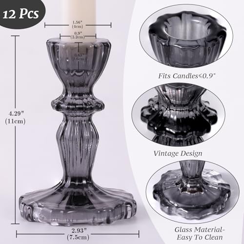 12pcs Taper Candle Holders, Black Candlestick Holders, Glass Candle Holder - Vintage Flower Design Candle Holders for Wedding, Home Decor, Halloween Decor (Black) - color: Black