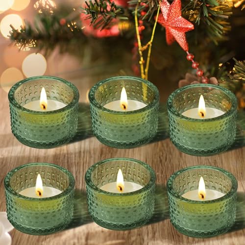 JOYIT Green Votive Candle Holders Bulk Set of 6, Tealight Candle Holder for Wedding Table Centerpiece, Glass Small Candle Holders for Birthday Party, Valentine's Day, Home Decor (2''X 1.4'') - color: Embossed_green