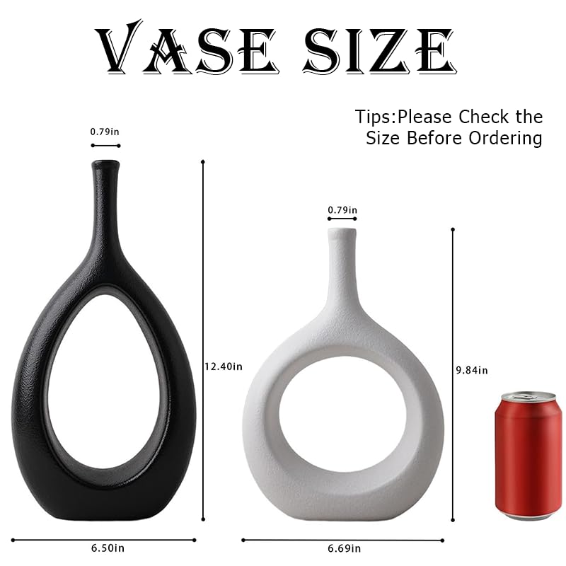 Ceramic Vase Set of 2, Modern Minimalist Boho Hollow Flower Vases, Decorative Vase for Home Decor, Living Room, Bedroom, Bookshelf, Entry Table, Kitchen and Dining Table - color: White&black