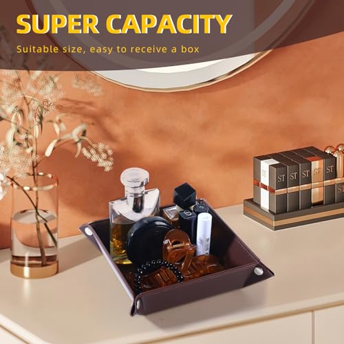 Valet Tray for Men Women - PU Leather Travel Catchall Tray Organizer - Desk Bedside Nightstand Storage Box for Jewelry Key Phone Remote Controller Wallet Watch Glasses Coin Readers - Square - color: Dark Brown