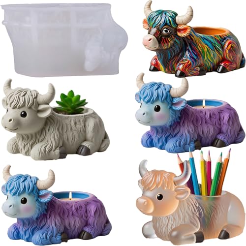 1Pc Highland Cow Flowerpot Resin Silicone Mold 3D Cow-Shaped Candle Epoxy Casting Mold for DIY Home Decoration Candlesticks Organizers Pen Holders Plaster Art Crafts Beginner Craft Materials - color: Highland Cow Resin Mold