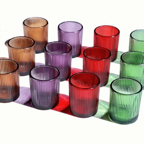 VOHO 4 Colors Ribbed Votive Candle Holders for Fall Decor, Set of 12 Tealight Candle Holder Easter/Halloween/Thanksgiving Decorations, Christmas Tea Light Candle Holder Glass Dining Table Centerpiece - color: Multicolor
