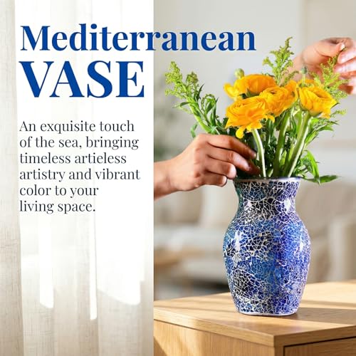 8" Deep Blue Mosaic Vase, Klein Blue Glass Flower Vase with Silver Wave Crest Design, Hand-Pasted Ocean Art Centerpiece for Modern Home, Living Room & Office - color: Blue