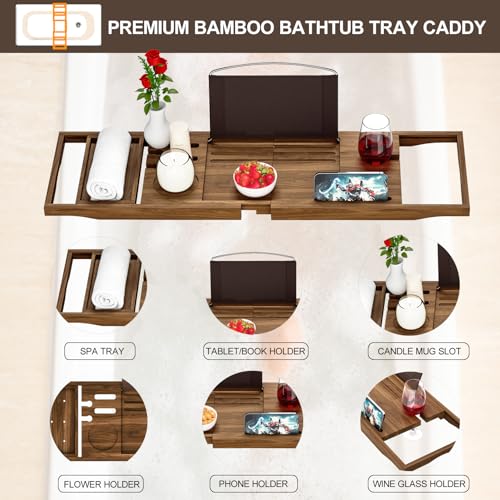 Premium Teak Bathtub Tray Caddy, Wooden Bath Caddy Trays for Bathtub, Bath Tub Wood Tray Table for Tub,Expandable Size, Fits Most Bath Tubs - color: Teak Wood