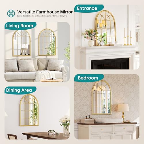 Gold Arched Window Pane Mirror - 24"x36" Farmhouse Arch Decorative Window Pane Wall Mirror for Wall Decor, Gold Metal Framed Mirrors for Living Room, Bathroom, Entryway, Bedroom, Fireplace - color: Gold 01- Window Pane