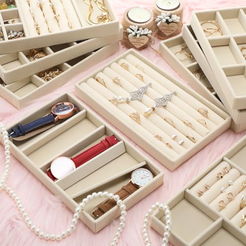 Landical 32 Pcs Jewelry Tray Velvet Stackable Jewelry Organizer Trays Drawer with Divider Earring Ring Necklace Display (Beige)