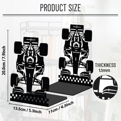 WADORN 1 Pair Racing Car Metal Decorative Bookend for Shelves, Heavy Duty Book Ends Modern Non-Skid Books Holder Stand Black Book Support Stoppers for Desk Bookshelf Office Home, 5.3x4.3x7.8 Inches - color: Racing Car