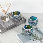 OwnMy Set of 3 Blue Mosaic Glass Tea Light Holders Round Bowl Votive Candle Holders Pillar Candle Stands, Glass Mosaic Tealight Holders Potted Plant Bowl Vase Candle Centerpiece for Table Wedding - color: Blue