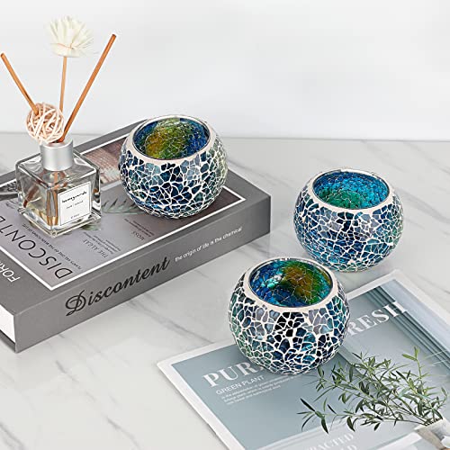 OwnMy Set of 3 Blue Mosaic Glass Tea Light Holders Round Bowl Votive Candle Holders Pillar Candle Stands, Glass Mosaic Tealight Holders Potted Plant Bowl Vase Candle Centerpiece for Table Wedding - color: Blue