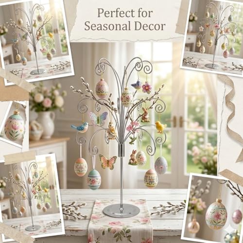 HOHIYA 20” Ornament Display Stand Chrome Silver Metal Hanging Tree Holder for Swarovski Crystal Glass Ornaments Tabletop Christmas Halloween Easter Decoration Display Rack - color: Silver