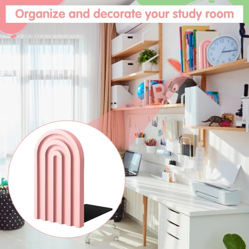 Harloon 4 Pcs Boho Arch Wooden Bookends, Decorative Rainbow Book Stoppers with Non-Slip Metal Base, 5x3x4 Inches, Cute Shelf Decor for Heavy Books, Home Office Study Desk Organizer(Pastel Color) - color: Pastel Color