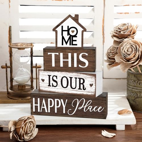 Cinnvoice 4 Pcs Farmhouse Tabletop Decor Rustic Family Blessed Home Table Centerpiece This Is Us Sign for Kitchen Shelf Desk Fireplace Mantel Tiered Tray Decor(Home This is Our Happy Place) - style: Home This is Our Happy Place