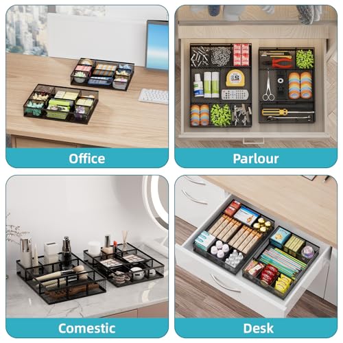 Marbrasse 2 Pack Desk Drawer Organizer, Mesh Drawer Organizer Tray with 8 Adjustable Compartments, Desk Organizers and Accessories, 5 Dividers Drawer for Office Supplies, Makeup & Vanity (Black-2P) - color: Black-4P