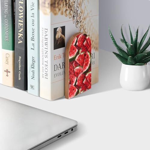 Red Slice Watercolor Book Ends Decorative Wood Bookends for Shelves Kids Room Desk Home Office Book Stoppers for Books, DVDs, 1 Pair/2 Pieces(5x3.1 in) - color: Red Slice Watercolor
