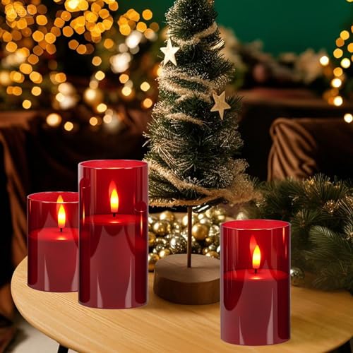 GenSwin Glass Flameless Candles with Remote Battery Operated Flickering LED Pillar Candles Real Wax 3D Wick for Wedding Festival Home Decoration(Red,Pack of 3) - color: Red