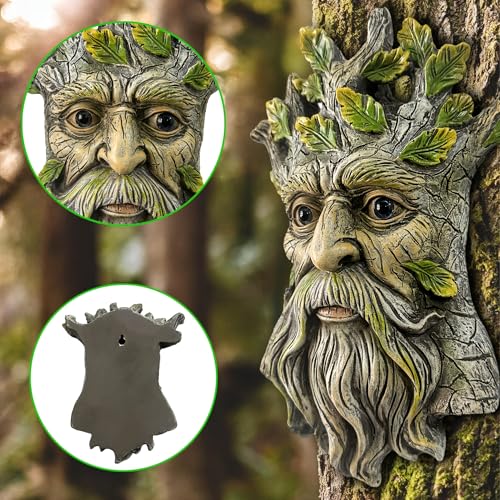 Teaeeno Whimsical Tree Face Garden Decoration, 9.8 in Tree Faces Decor Outdoor Wallmounted Statue Art with Leaf Features, Outdoor Decor Garden Accessory (Nature and Outdoors) - color: Gold