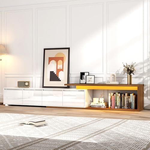 Extendable TV Stand with LED Light, Modern Entertainment Center for up to 120 Inch TV, Wood TV Media Console with 2 Drawers & 2 Cabinets for Living Room Bedroom, 75"-110", High Gloss White & Walnut - color: High Gloss White & Walnut