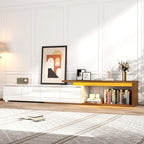 Extendable TV Stand with LED Light, Modern Entertainment Center for up to 120 Inch TV, Wood TV Media Console with 2 Drawers & 2 Cabinets for Living Room Bedroom, 75"-110", High Gloss White & Walnut - color: High Gloss White & Walnut