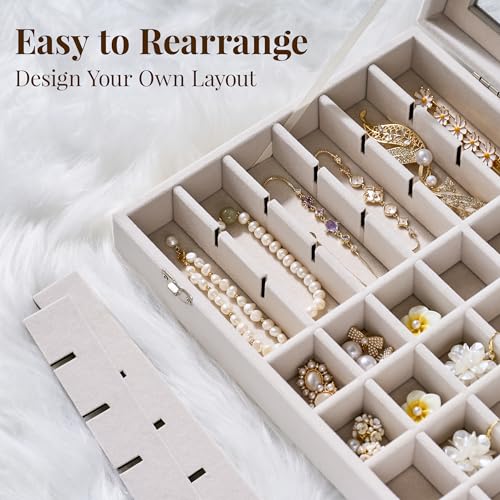 48 Grid Earring Organizer and Storage: Velvet Jewelry Tray with Lid, Jewelry Box for Studs, Earrings, Rings, Necklaces, Dresser & Vanity, Earrings Case for Girls, Women, 13"x8.6"x2.4", Beige - color: Beige