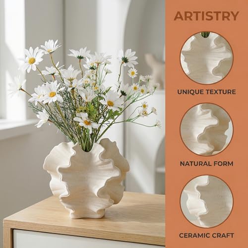 Cream Ceramic Vase, Modern Boho Coastal Decor, Coral Design Decorative Vase for Pampas Grass Dried Flowers, Living Room Coffee Table Centerpiece Home Decor - color: Cream