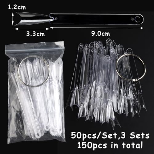 150 Pcs Nail Swatch Sticks with Ring, Long Stiletto Nail Art Tips, Transparent Acrylic False Nail Sample Sticks Polish Gel Display Practice Manicure Tools for Home or Salon Use - color: Clear Long Stiletto