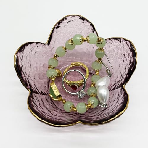Purple Flower Ring Dish, Small Glass Jewelry Dish Tray, Ring Holder Jewlery Tray Trinket Dish, Bathroom Nightstand Decor Jewelry Bowl Christmas Friendship Birthday Gifts for Women, Soap Dish - color: Purple