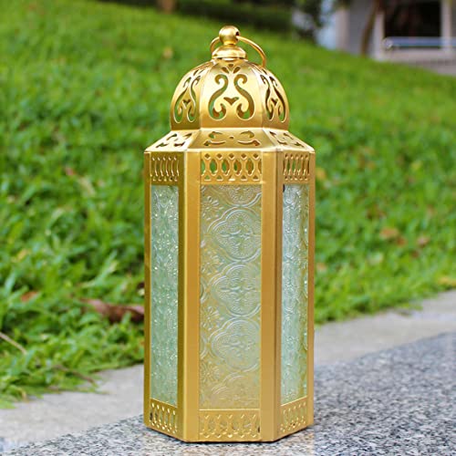 CVHOMEDECO. Decorative Candle Lantern Moroccan Lanterns Vintage Golden Metal Lantern Holder for Home Patio Outdoor Decor. Clear Glass, Medium - color: Clear G
