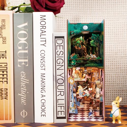Tonecheer DIY Book Nook Kit for Adults,3D Wooden Puzzle Bookend Bookshelf Insert Library Decor, Booknook Miniature House Kit with Body Motion Sensor LED Light (Vincent's World)