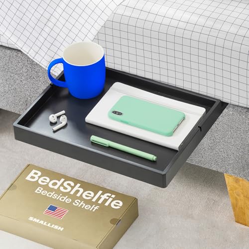 BedShelfie Bedside Shelf for Dorm Room Bunk Bed & Top Bunk, College Dorm Room Essentials, Bedside Caddy, Clip on Floating Desk Tray, Bed Side Table Storage, Loft Nightstand Decor - Black Wood Slide - color: Black