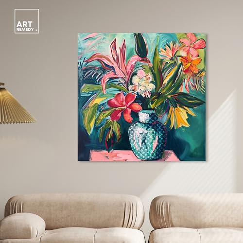 Art Remedy Vase Of Tropical Flowers Gallery Wrapped Flowers In Vase Paintings, 40" x 40", Gallery Wrapped - color: Gallery Wrapped, size: 40"L x 40"W