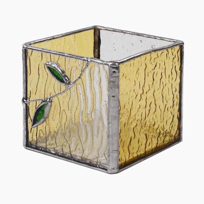 Handmade Windproof Stained Glass Cube Candle Holder - 5-Sided Floral & Leaf Design for Altar, Prayer, Windowsill - Sacred Gift for Christians, Mom, Christmas & Easter (Leaf) - color: Leaf