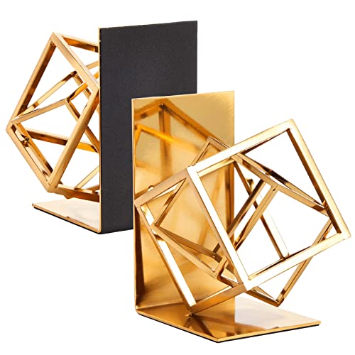 Juvale Gold Bookends - Heavy-Duty Metal Book Ends for Bookshelf Decor - Geometric Square Style for Decorative Books Display for Coffee Table & End Table Decor - 5 x 6 x 3 in, Pack of 2
