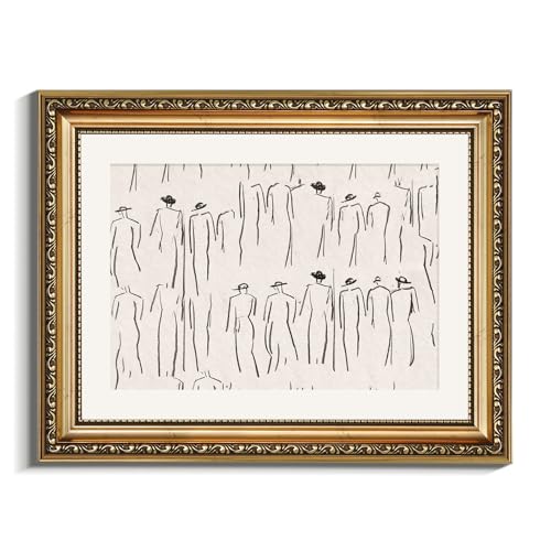 VIYYIEA Gold Framed Wall Art Canvas Print Home Decor Abstract Wall Art Room Decor Minimalist Portrait Artwork Shelf Decorations Vintage Bathroom Prints Line-Drawn Pictures Farmhouse Office 11x14in - color: Crowds, size: 14"L x 11"W