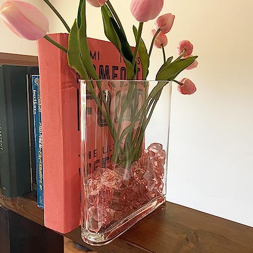 CYS EXCEL Glass Book Vase (H:8" Open:7"x2") Round Edge Oval Flower Vase Rectangular Wedding Centerpiece - size: H-8" Open-7"x2"